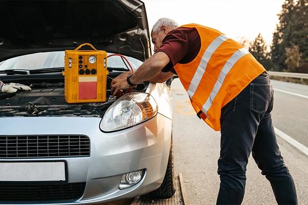 Man in safety vest providing roadside battery assistance.
