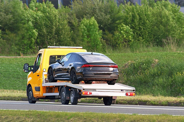 Yellow tow truck transporting black car on flatbed in a green landscape.